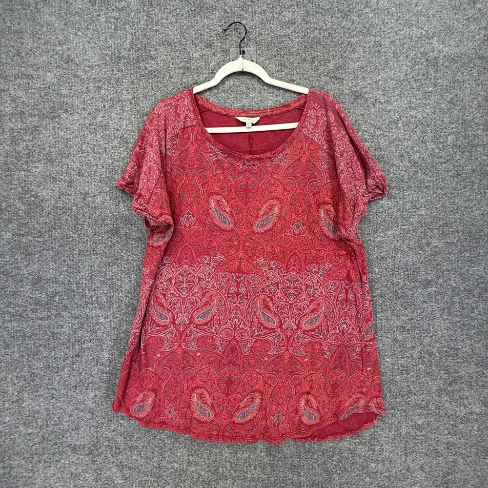 Lucky Brand Shirt Womens 2X Red Paisley Split Back Short Sleeve Casual Blouse
